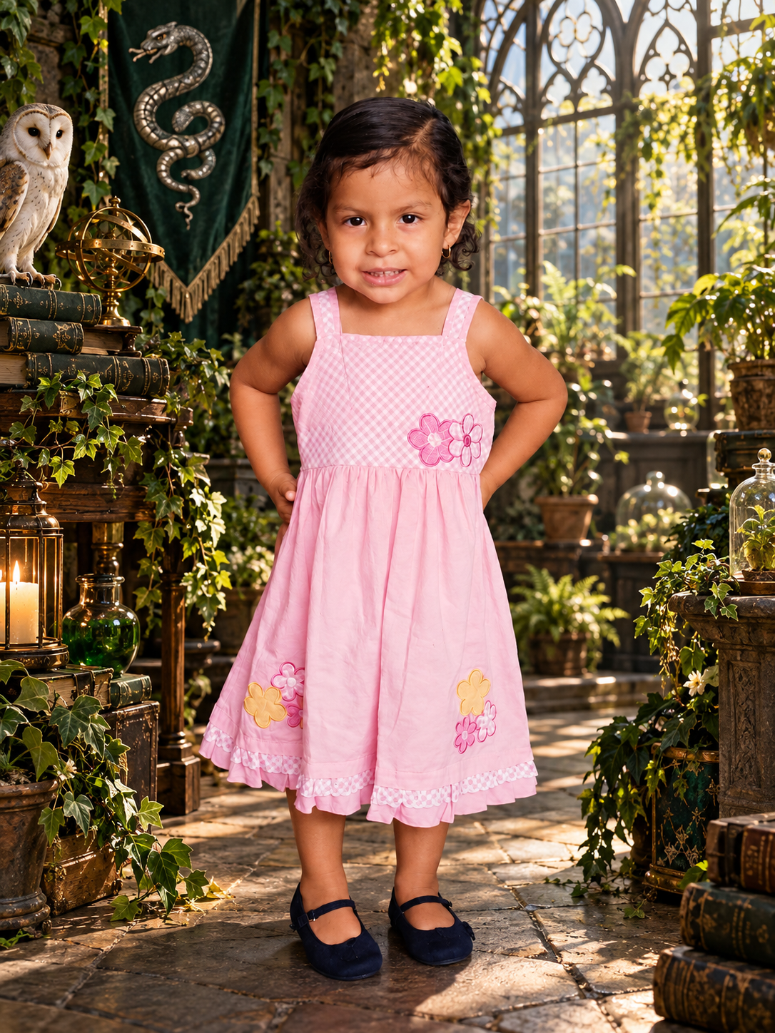 Angie luce una tiara y un vestido rosa de quinceañera con bordados de encaje sobre un fondo rosa.